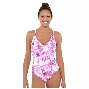 Freshwater TieDye V-neck O-ring one piece Swimsuit in purple/white size …